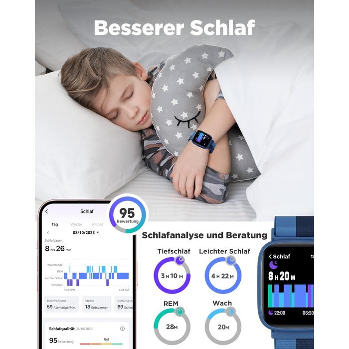 Смарт-годинник BIGGERFIVE для дітей, 1.8' екран, фітнес-трекер з підрахунком кроків, пульсометр, моніторинг сну, будильник, 5 ігор, водонепроникність IP68, ремінець з нейлону блакитного кольору