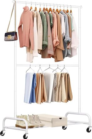 MISSLO Heavy-Duty Clothes Rack Double, Metal Clothes Rail on Wheels Stable Mobile Coat Rack for Coats, Shirts (White)