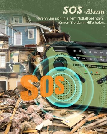 Радіо PRUNUS J-369: FM/AM, з ручним заводом, сонячна панель, Power Bank 3000mAh, SOS-сигнал, ліхтарик для кемпінгу та надзвичайних ситуацій (зелене)