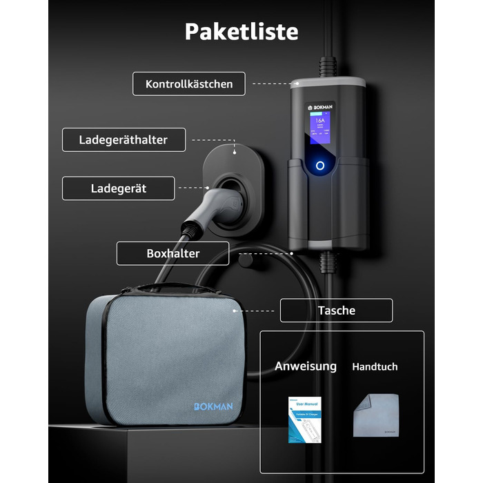Кабель для зарядки електромобілів Bokman Typ 2 з CEE роз'ємом, 5 метрів, 6-16A, 11kW, 3-фазний, IP65 вологостійкий, портативний зарядний пристрій для електромобілів, мобільна зарядка, станція зарядки, IEC 62196-2, з сумкою та мікрофіброю