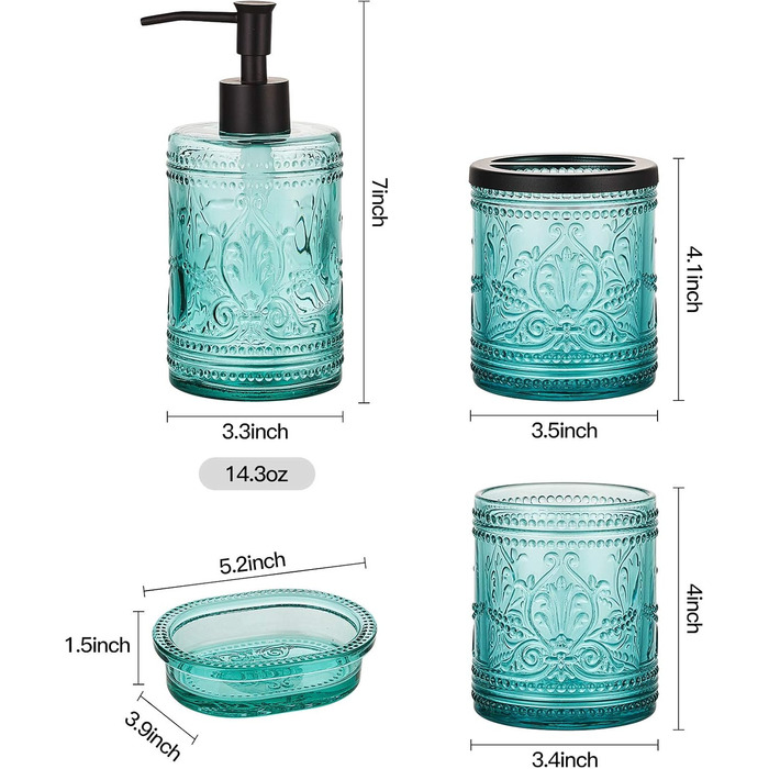 4-piece glass bathroom accessory set with decorative pressed pattern, including soap dispenser, tumbler, soap dish, and toothbrush holder, blue-green