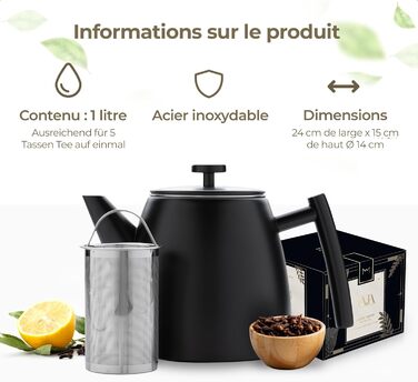 Teapot | Stainless Steel 1L | Teapot with Infuser | Stainless Steel Teapot | Stove for Teapot | Teapot with Stove | Tea Maker | Double-Walled (Black)