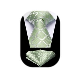 HISDERN Комплект краватки та кишенькового хустинки в клітинку для чоловіків (світло-зелений)