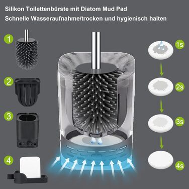 Силіконова щітка для унітазу Glowbal з контейнером, швидковисихаюча, для ванної кімнати, настінний монтаж/стоячий дизайн, білий/сірий (чорний/сірий)