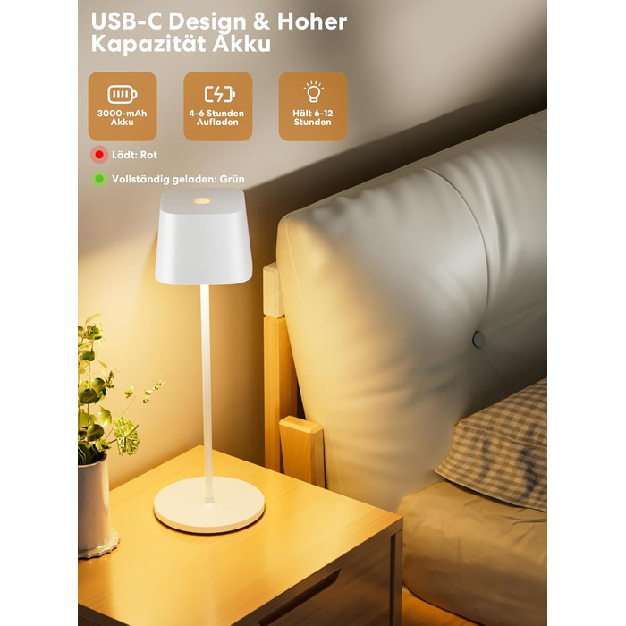 Акумуляторна настільна лампа LED бездротова з USB-C, 3 кольори світла (3000-6000K), диммується, водонепроникна IP54, алюмінієва (біла)