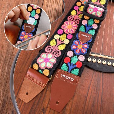 Гітарний ремінь 5,1 см з бавовни з шкіряними кінцями для бас-гітари, електрогітари та акустичної гітари (Кольорова квітка 02)