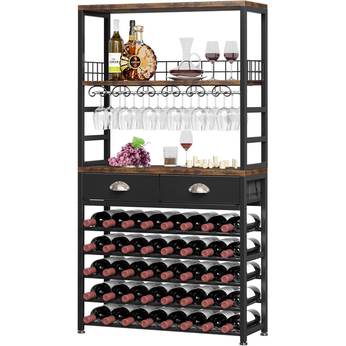 Homeiju Wine Rack, Freestanding Floor, Bar Cabinets for Liqueurs and Glasses, 4-Tier Bar Cabinet with Tabletop, Glass Holder, Storage Drawer and Wine Storage for Living Room, Kitchen, (Retro Black Brown)