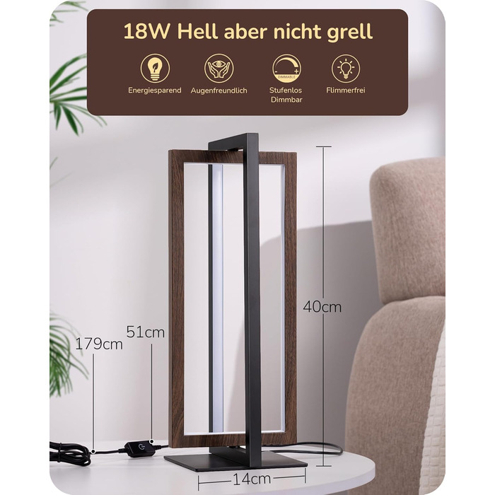 LED настільна лампа EDISHINE з дерева, торкання, регулювання яскравості та функція пам'яті, 3 колірні температури, 350 люмен, сучасна лампа для вітальні, офісу, подарунок (горіх, сучасний стиль)