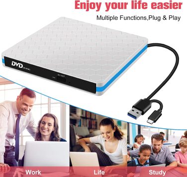 Зовнішній CD/DVD привід USB 3.0 та Type-C з картридером SD/TF, портативний RW-записувач для ноутбука, ПК, MacBook (Windows, macOS, Linux) — Білий