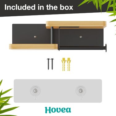 Тримач туалетного паперу Hovea з 2 полицями - настінний, без свердління, метал та дерево, чорний & бамбук