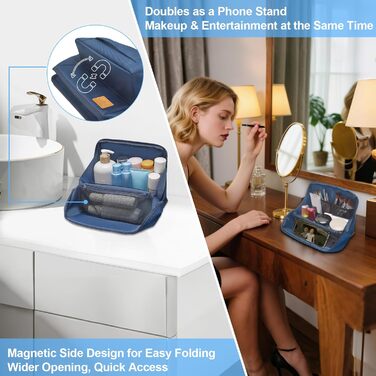 Чоловіча та жіноча дорожня косметичка Lermende з подвійною блискавкою, великий об'єм, зручна ручка для подорожей. (Синій)