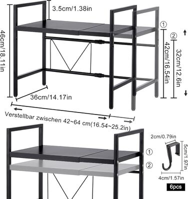 Розширювана полка для мікрохвильової печі, 2 яруси з 6 гачками, телескопічна полка для кухні 42-64 см, органайзер для спецій та кухонного приладдя (Чорний)