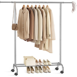 SONGMICS Clothes Rack with Wheels, Extendable Clothes Rod, Garment Rack Made of Steel Pipes, Elevated Storage Rod, 40 x (83-120) x 156 cm, Cloud White HSR134W01 (Silver)