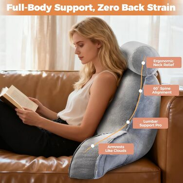 Лежак для ліжка OZMI для дорослих, велике 61 см м'яке подушкове спинне крісло з підголівником для читання, відпочинку, перегляду телевізора та ігор (Сірий)