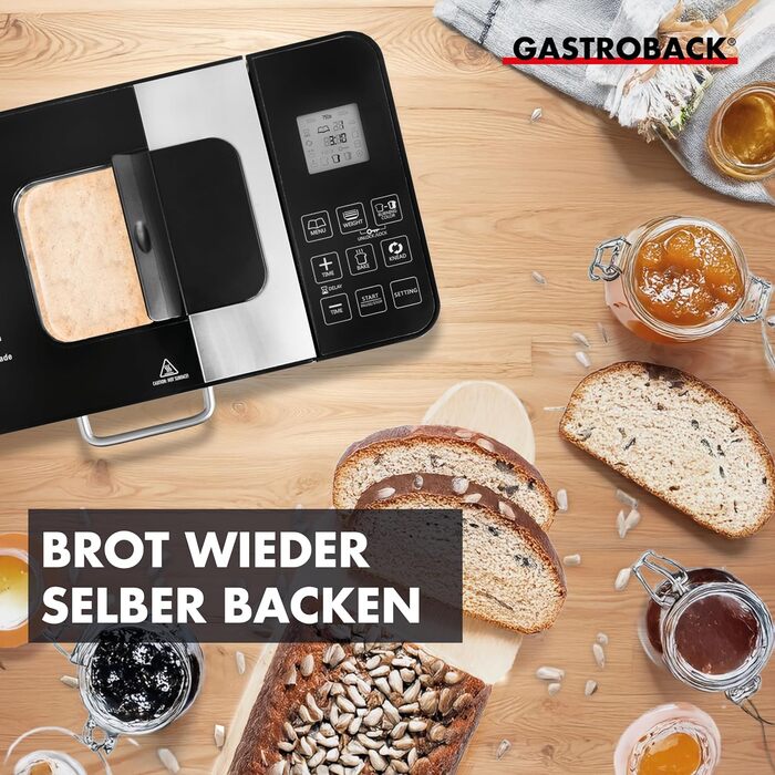 Хлібопечка GASTROBACK Advance - повністю автоматична хлібопекарня з 18 програмами (вкл. йогурт), таймером, відсіком для інгредієнтів, оглядовим вікном, бротавтоматом / хлібопекарня з нержавіючою сталлю, для 1 особи
