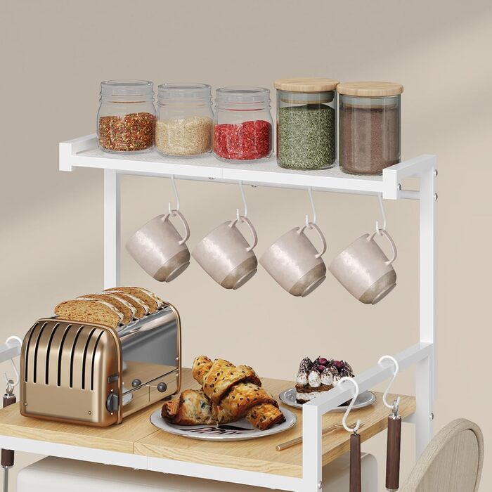 Поличка для мікрохвильової печі, кухонна поличка, 2 яруси, з підставкою для обробної дошки, органайзер з 8 гачками, коричнева, ABRBN5301