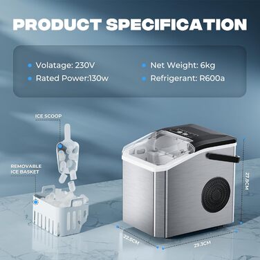 Машина для приготування льоду Klein, 130W, 15 кг/24 год, самоочищення, з лопаткою та кошиком, 2 розміри кубиків, для кухні