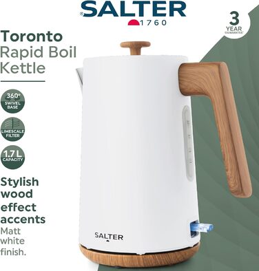 Електричний чайник Salter Toronto 1,7L з функцією швидкого кип'ятіння, 360° обертання, фільтром від накипу, дерев'яним дизайном, бездротовим підключенням, захистом від сухого кип'ятіння та автоматичним вимкненням. Otter-контролер, білий колір.