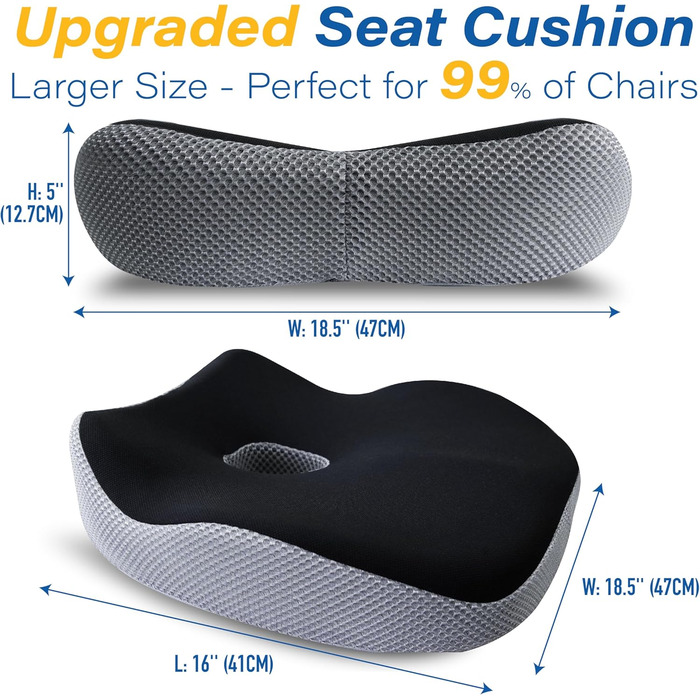Подушка для сидіння в авто з Memory Foam для полегшення болю в попереку, велика, для коротких водіїв на далекі відстані - автокрісло для машини, офісу, чорно-сіра