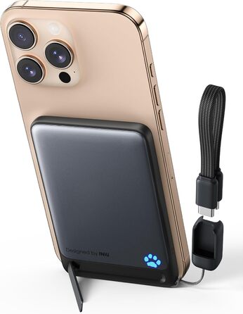 Power Bank INIU Magsafe 20W 5000mAh з магнітним кріпленням, Qi2, USB-C, з кабелем та підставкою, чорний