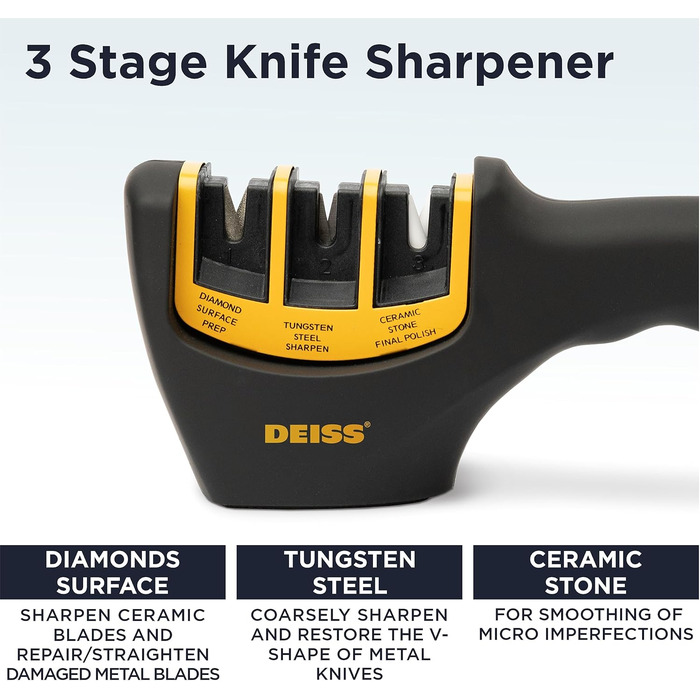 Deiss PRO 3-ступеневий точило для ножів кухонних та кишенькових - професійний точило для ножів шеф-кухаря, мисливських та керамічних - безпечне відновлення та полірування гострих лез (ORANGE)