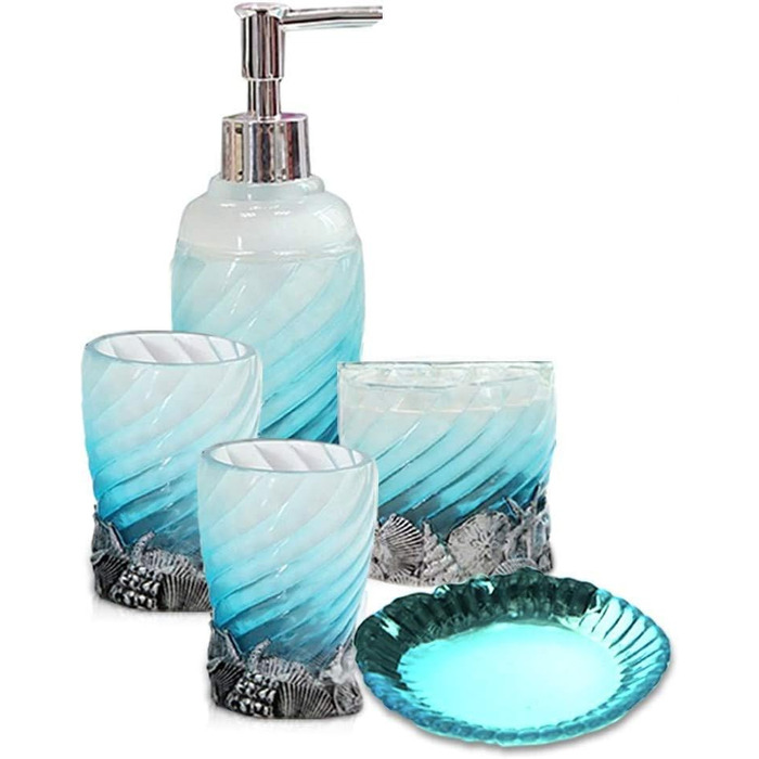 Набір аксесуарів для ванної кімнати на 5 предметів: мильниця, дозатор мила, стакан, тримач для зубних щіток – полірезин/скло, для дому, офісу, готелю