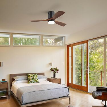 Стеляний вентилятор Sofucor з підсвічуванням, дистанційним керуванням, 3 лопатями з дерева, DC, таймер, 3 колірні температури, 6 швидкостей, режим літо/зима, з підсвічуванням та кріпленням Light+Flush, темне дерево