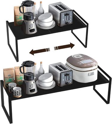 KZOBYD Expandable Kitchen Shelf, Foldable Kitchen Cabinet Shelf Spice Rack Organizer for Dishes and Supplies Stackable Kitchen Storage Organizer for Extra Storage Space (White, ) (Black, Large)