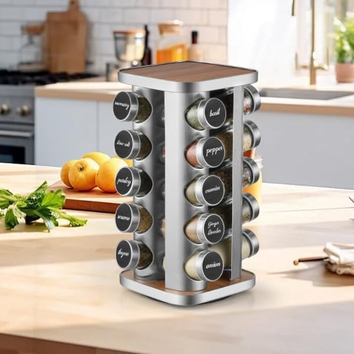 FRIBERG Spice Rack with 20 Spice Jars, Round, 100ml, 360° Swivel Stainless Steel Spice Carousel, Standing Spice Rack with Funnel, Label, Pen, and Cleaning Brush