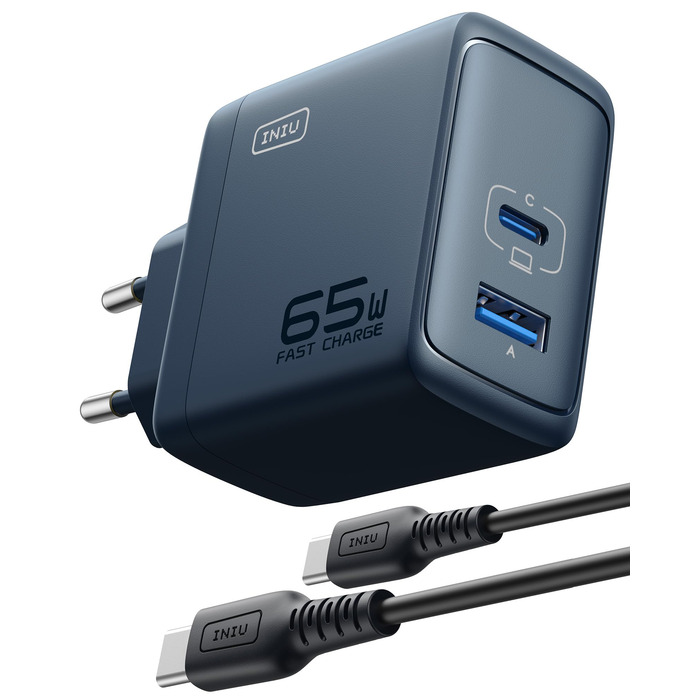 Зарядний пристрій INIU 65W USB-C/USB-A GaN, мережевий адаптер для MacBook, iPad, iPhone, Samsung Galaxy, Pixel (Синій)