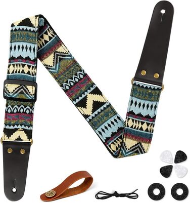 Гітарний ремінь Vintage з вишитою бавовною, регульований, з шкіряними кінцями, для бас-гітари, електро- та акустичної гітари, з кнопкою та 2 фіксаторами, 4 медіатори #1 смужка