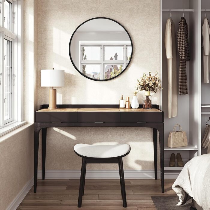 Круглий настінний дзеркало WOLTU 40 см: сучасний декор для ванної, спальні, вітальні, коридору. Дзеркало з рамою, скло, метал, MDF, з гачком. 81x81 см, чорний колір