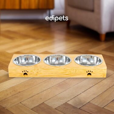 Дві миски для їжі та води для собак та котів з бамбуковим дном Edipets (нержавіюча сталь, тримісні)