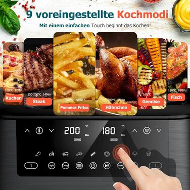 Дво-зонна аерофритюрниця з оглядовим вікном, 9 л XL, подвійний Airfryer, 2 кошики, 9-в-1, сенсорний екран, розумний таймер, для здорового приготування без олії