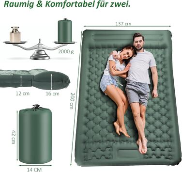 Каремат самонадувний Camping 2025, 12 см, з підголівником 16 см та помпою - для туризму, пляжу, кемпінгу. Ультралегкий, міцний