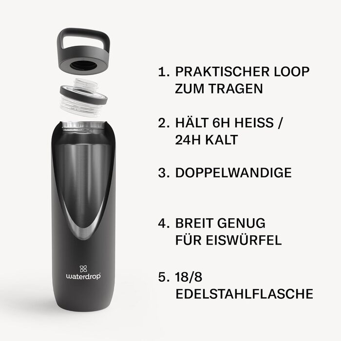 waterdrop® All-Purpose Thermos Flask 1L, insulated stainless steel drinking bottle, 24h cold - 12h hot, leak-proof & shatterproof