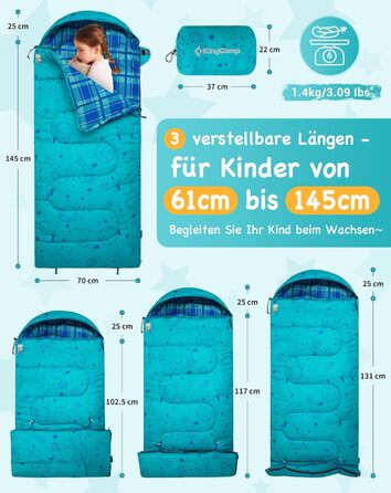 KingCamp Kids Sleeping Bag - Winter Warmth, 3-4 Season Comfort for Camping & Trekking - 170x70cm, 7°C Rating