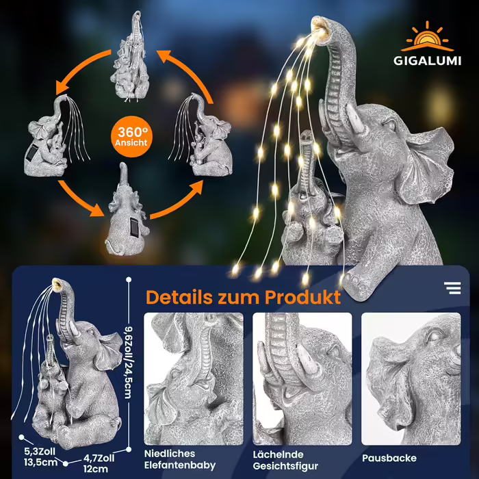 GIGALUMI Solar Garden Statues, Elephant Figurine, Outdoor Lights, Yard, Garden Decoration, Unique Gifts for Mother, Women, Elephant Decoration for Patio