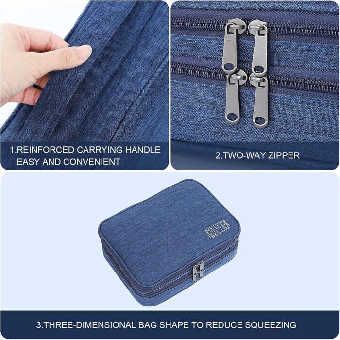 Органайзер для кабелів AiQInu: універсальна дорожня сумка-кубик, 3 шари, водонепроникний, для кабелів, powerbank, USB, SD карт (темно-синій)