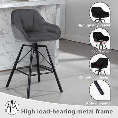 WOLTU 2-Piece Bar Stool Set - Swivel Barstools with Backrest & Footrest - Velvet Upholstered Metal Bar Chairs - Dark Grey