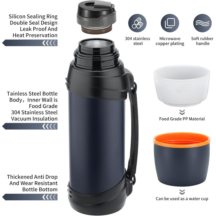 2.5L Thermos Flask/Thermos Jar, Stainless Steel Insulated Flask/Drinking Bottle, Insulated Flask with 2 Drinking Cups, Double-Walled Insulation Camping Water Bottle, 24h Hot & Cold (Dark Blue)