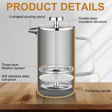 Френч-прес HOTUT 350 мл з нержавіючої сталі, термокава, для дому, подорожей, кемпінгу