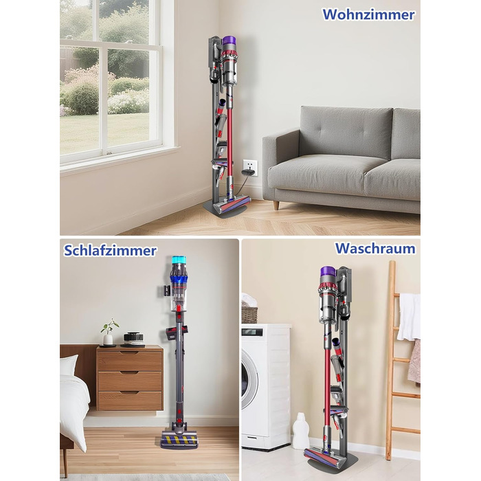 Підставка для пилососів Dyson G5, V15, V12, V11, V10, V8, V7, V6, металева, з 4 гачками та 4 полицями, без свердління, стабільна, на підлогу, приховане кріплення кабелю (темно-сірий)