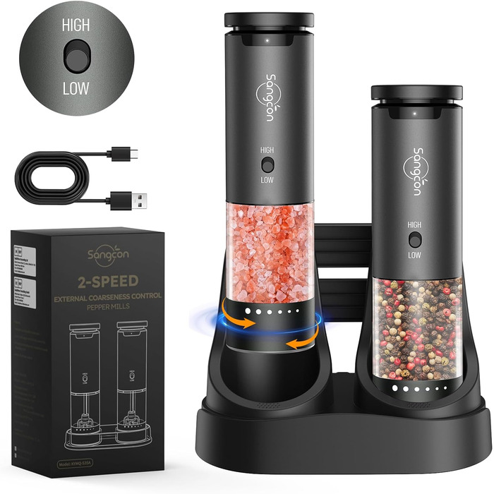 Sangcon Electric Salt and Pepper Grinder, 2 Speed Settings, 6 Grind Settings, Automatic Pepper Grinder with USB Charging Station, One-Handed Grinding (Space Grey)