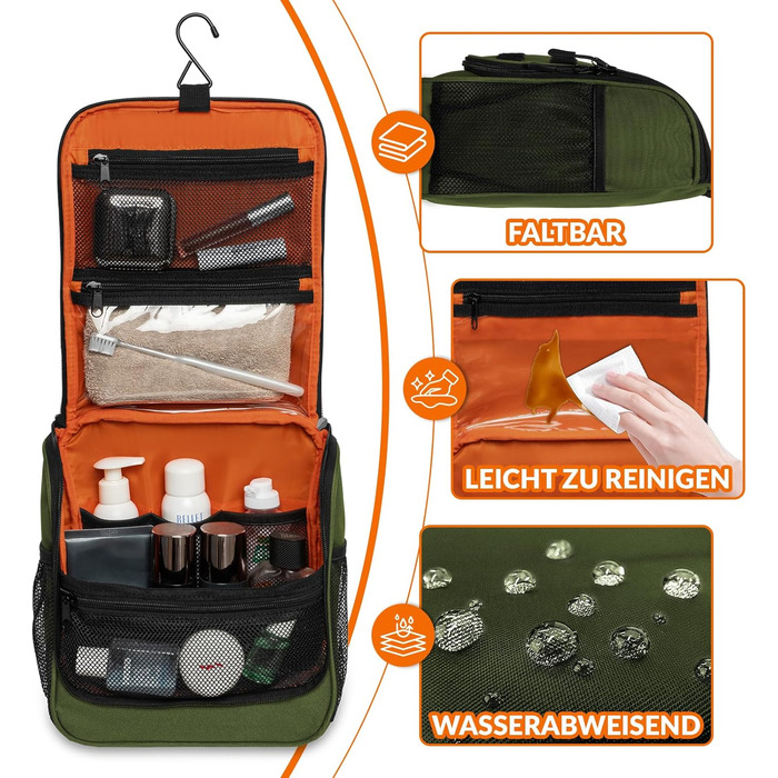 Чоловіча та жіноча дорожня косметичка Kulturbeutel Reise, водонепроникна, з гачком для підвішування, 7 відділень для кемпінгу та подорожей (зелена)