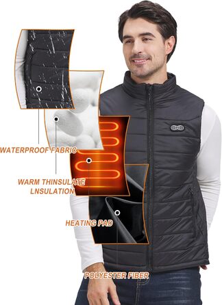 Обогревна жилетка для чоловіків та жінок, жилетка з підігрівом з акумулятором 10000 mAh та 5 зонами підігріву, для катання на лижах та полювання, чорний колір