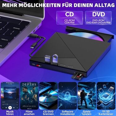 Зовнішній CD/DVD привід та записувач USB-C & USB-A з картридером TF/SD для ноутбука, Windows, Mac OS, Linux