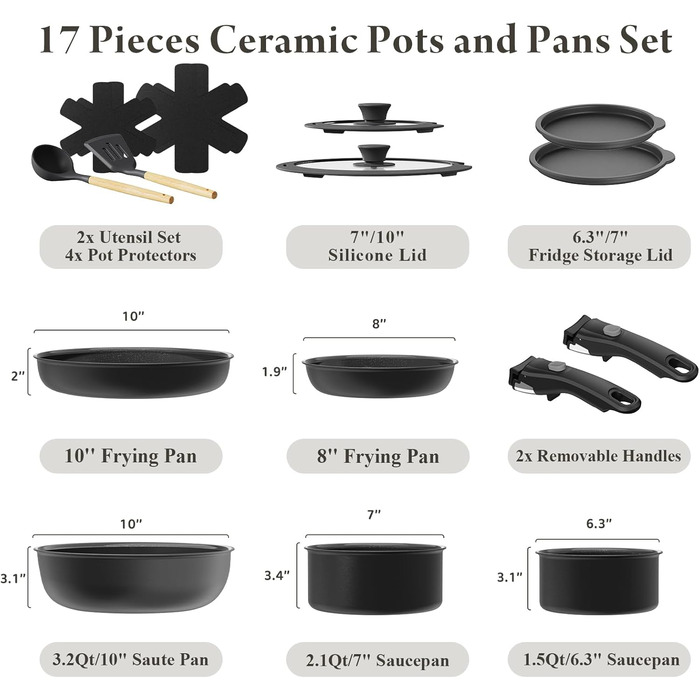 Набір посуду з кераміки, 17 предметів: каструлі та сковорідки, антипригарне покриття, для індукційних плит, без PFAS/PFOA, чорний