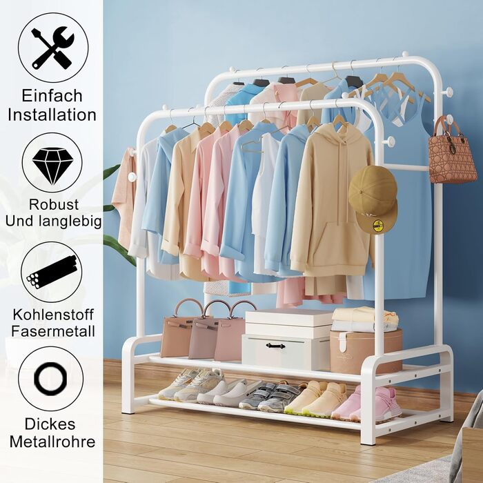 Freestanding clothes rack with double rod design, clothes hangers, 8 hooks, and 2 shoe shelves - Multifunctional wardrobe stand in white for the bedroom