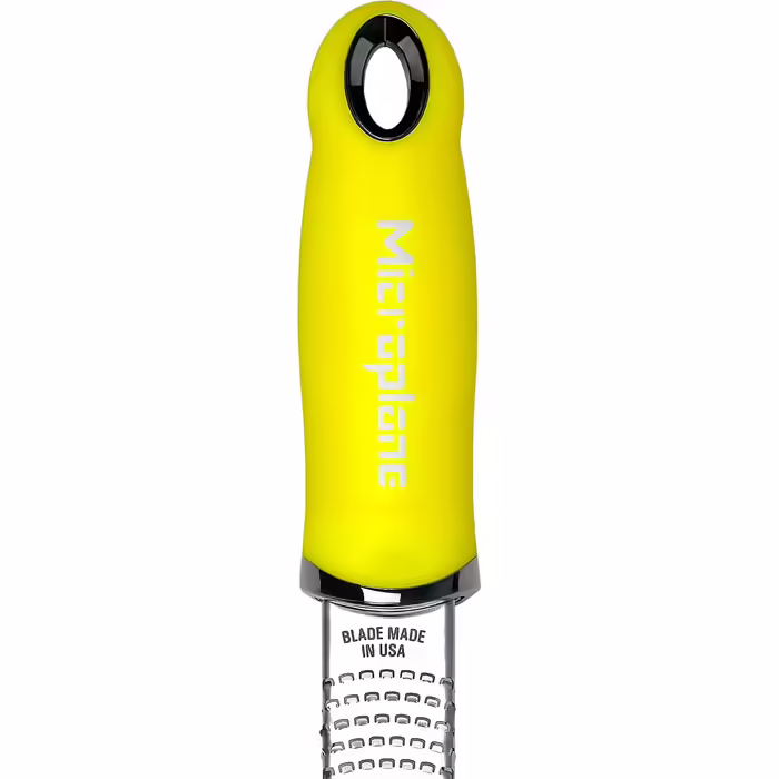 Терка Microplane для цитрусових, сиру, імбиру, шоколаду і мускатного горіха, неонова жовта, з дрібною лезом з нержавіючої сталі, виробництво США